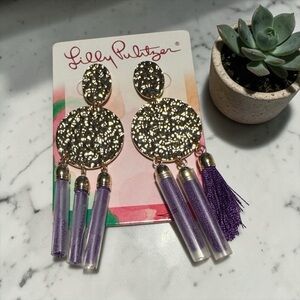 Lilly Pulitzer Gold Disc Earrings with Purple Tassels.  (BR444)